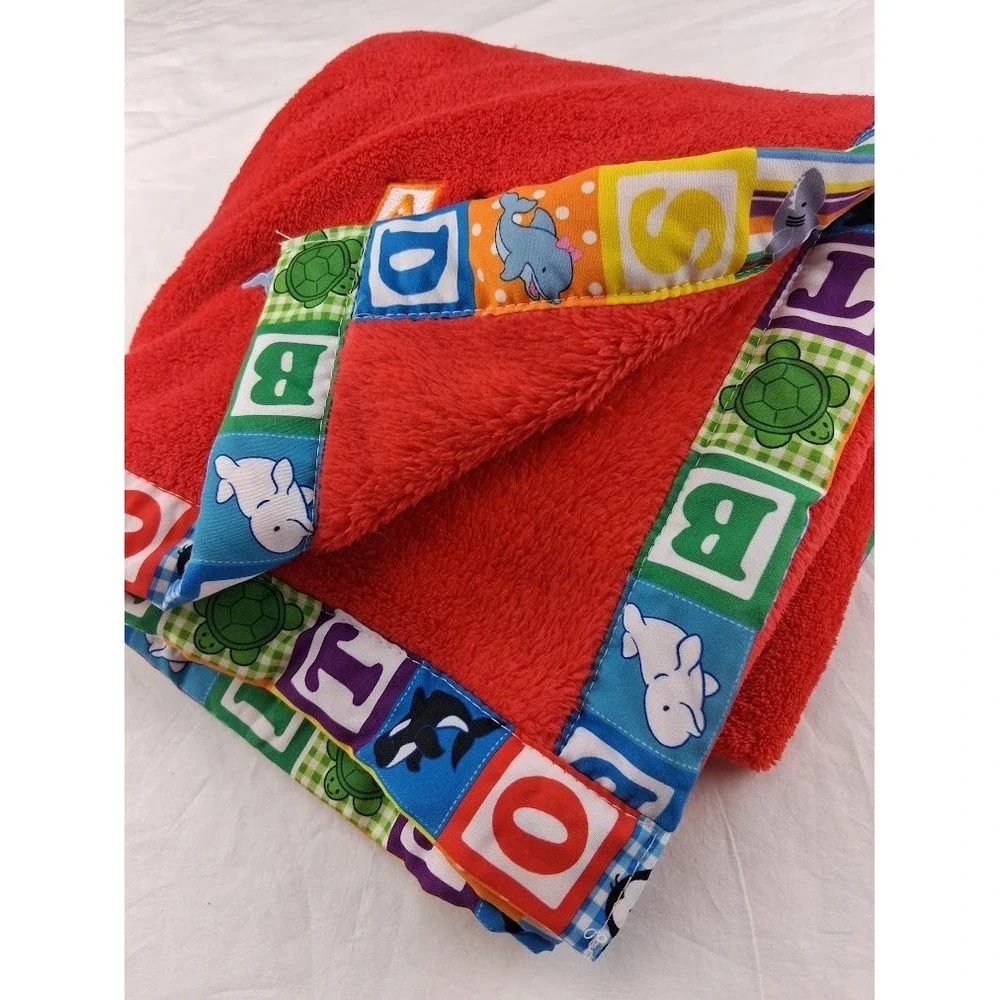 Sea World Red Baby Blanket Block Trim Unisex Soft Fleece 30x40 Whale Dolphin
